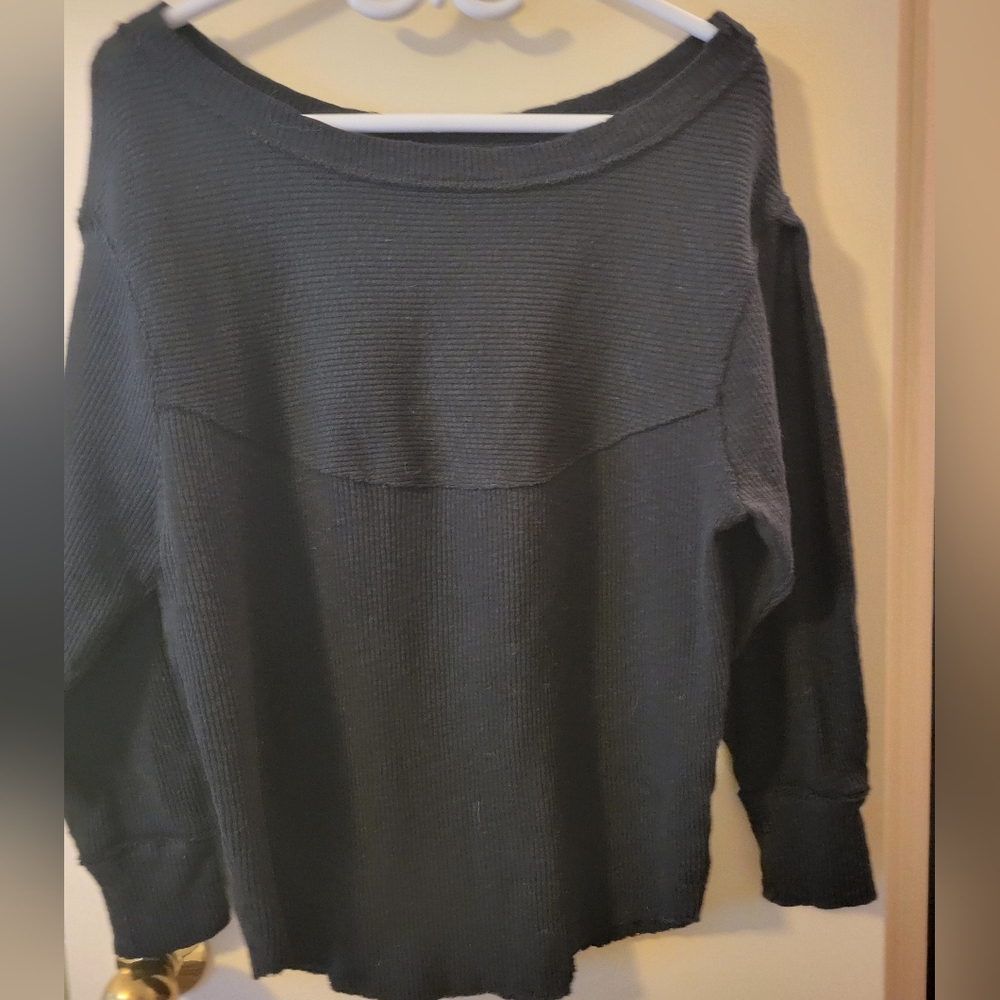 FREE PEOPLE Waffle Knit Thermal XS Black Off the Shoulder Sweater